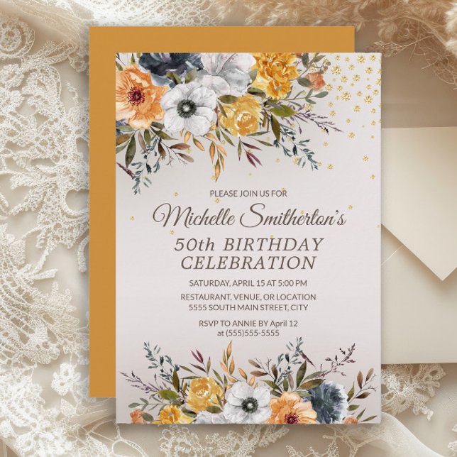 Invitation Parties scintillant florale Bleue de la Marine Jau (Rustic navy blue and mustard yellow watercolor floral women's 50th birthday party invitaton)