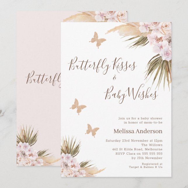 Invitation Parties scintillant florale Boho  papillon Baisers (Devant / Derrière)