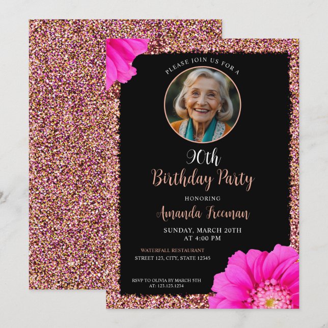 Invitation Parties scintillant florale élégant 90e anniversai (Devant / Derrière)