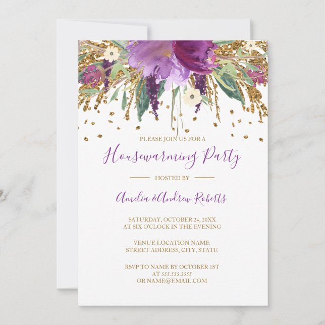 Invitation Parties scintillant Florale Étincelle Améthyste Ré (Devant)
