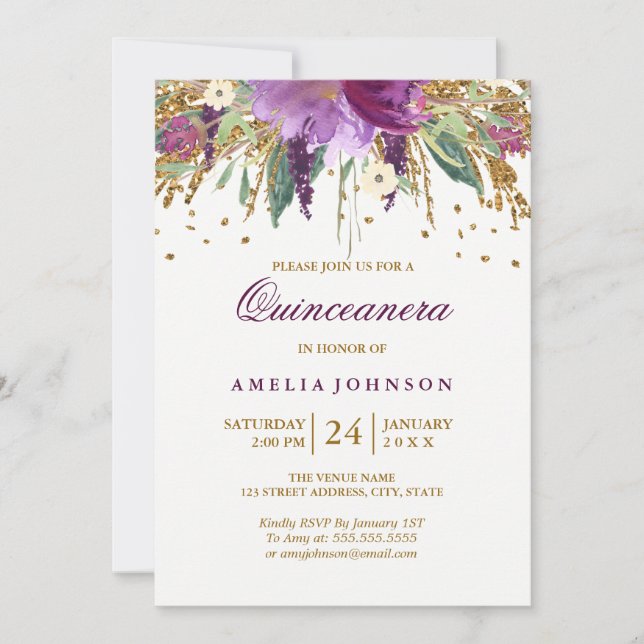 Invitation Parties scintillant florale étourdissant Améthyste (Devant)