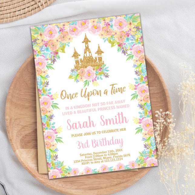 Invitation Parties scintillant Florale Golden Princess Invita (Floral Glitter Golden Princess Birthday Invitation)