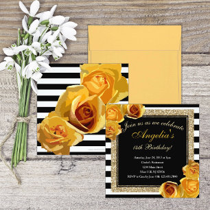 Invitation Parties scintillant florale jaune rayures Annivers