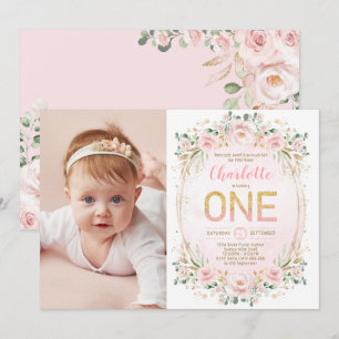 Invitation Parties scintillant florale pastel douce 1er anniv