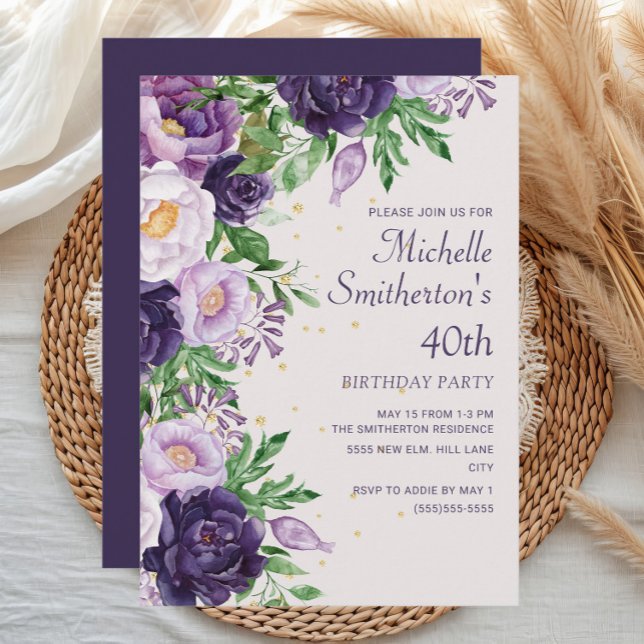Invitation Parties scintillant florale pourpre 40e anniversai (Purple watercolor floral women's 40th birthday party invitation)