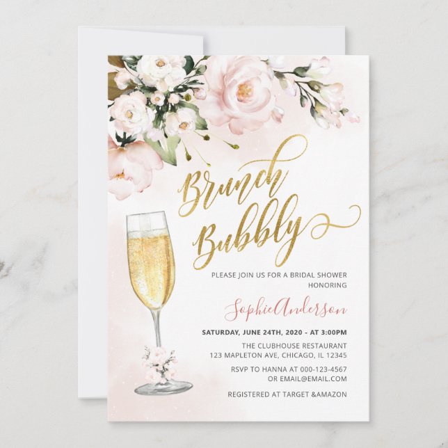 Invitation Parties scintillant Florale Rose Blush Gold Brunch (Devant)