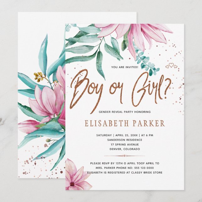 Invitation Parties scintillant florale rose pâle bébé sexe ré (Devant / Derrière)
