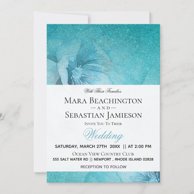 Invitation *~* Parties scintillant florale Turquoise Mariage  (Devant)