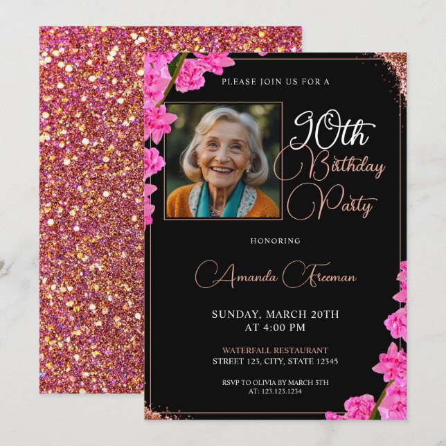 Invitation Parties scintillant florale unique 90e anniversair (Devant / Derrière)