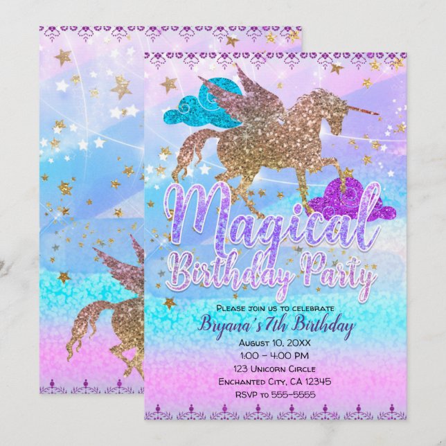 Invitation Parties scintillant Flying Unicorn Magique Anniver (Devant / Derrière)