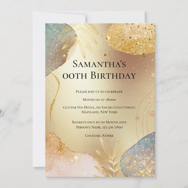 Invitation Parties scintillant forme feuille or cuivre bleu a (Devant)