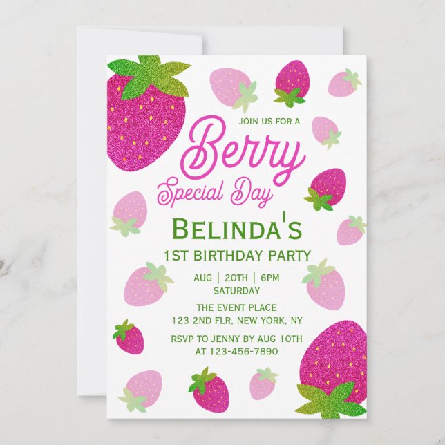 Invitation Parties scintillant Fraise Berry Jour spécial 1er  (Devant)