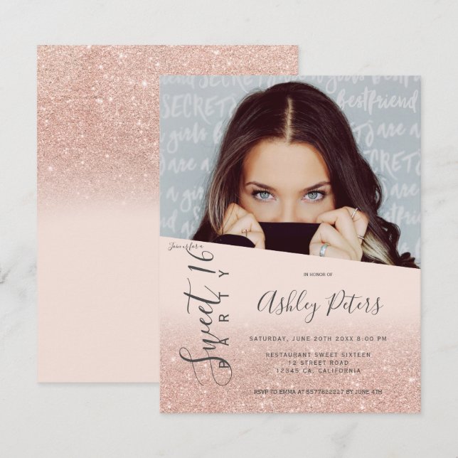 Invitation Parties scintillant girly typographie blush photo  (Devant / Derrière)