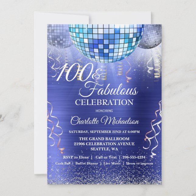 Invitation Parties scintillant Glam 100e anniversaire Blue Di (Devant)