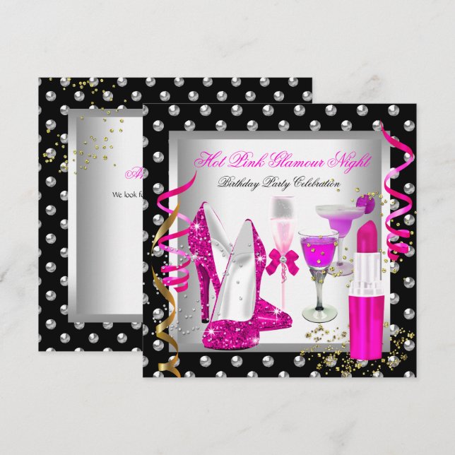 Invitation Parties scintillant Glamor Nuit rose Argent fête d (Devant / Derrière)