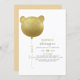 Invitation Parties scintillant Gold Balloon Teddy Bear 1er an