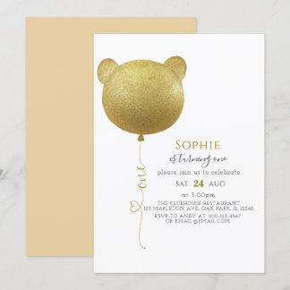 Invitation Parties scintillant Gold Balloon Teddy Bear 1er an