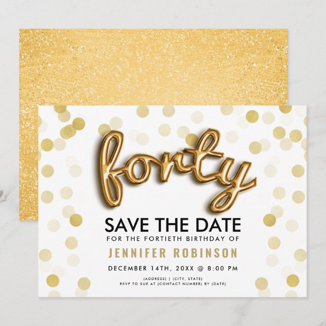 Invitation Parties scintillant Gold Balloons 40e anniversaire (Devant / Derrière)