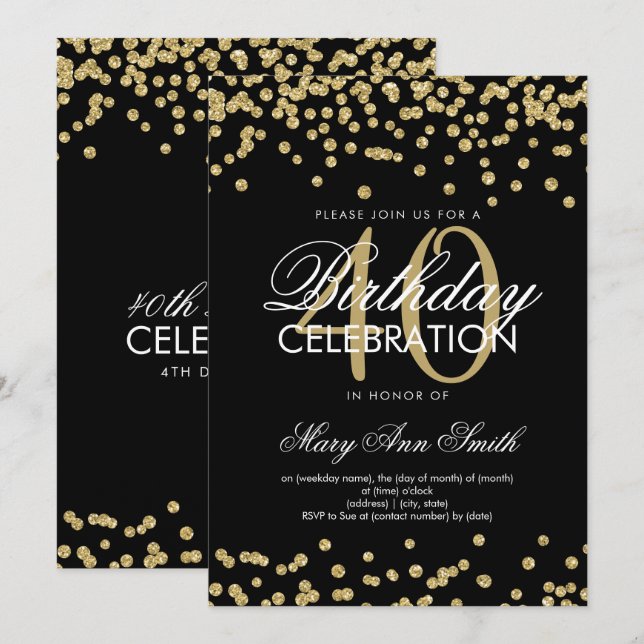 Invitation Parties scintillant Gold Black 40th Birthday Party (Devant / Derrière)