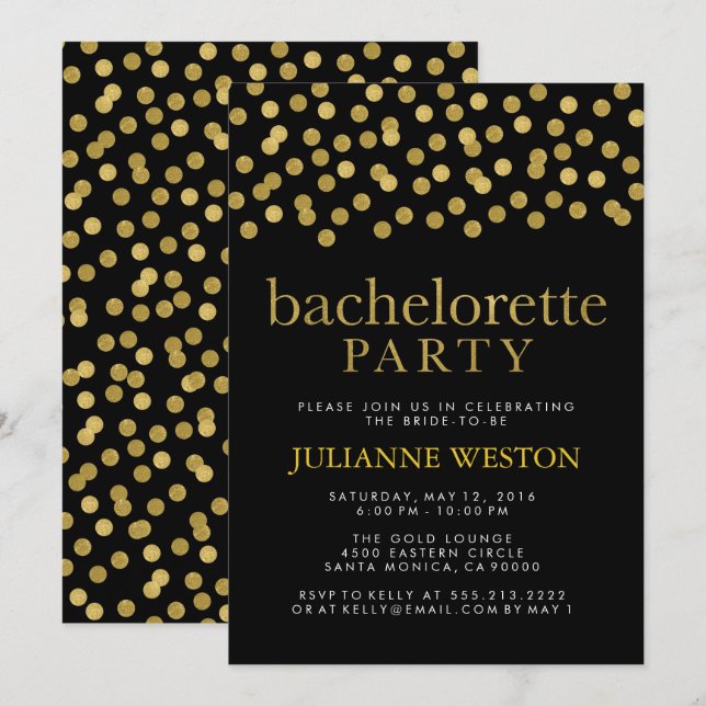 Invitation Parties scintillant Gold et Black Confetti Bachelo (Devant / Derrière)