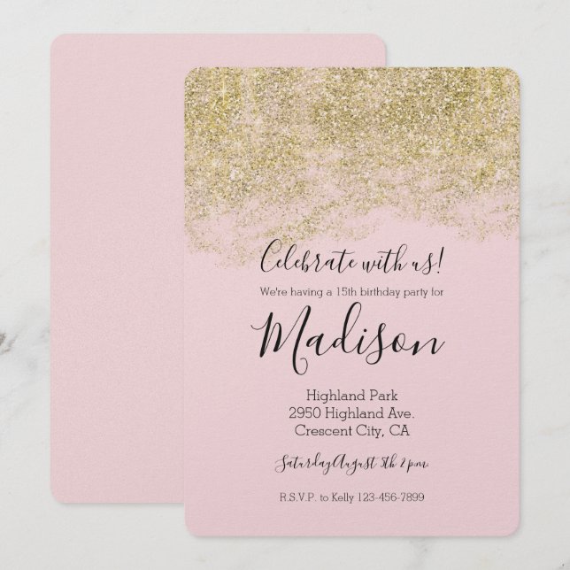 Invitation Parties scintillant Gold Faux rose pâle étincelle (Devant / Derrière)