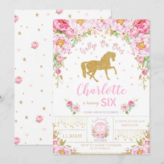 Invitation Parties scintillant Gold Floral Horse Anniversaire (Devant / Derrière)