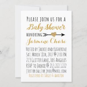 Invitation Parties scintillant Gold Heart Flèche Baby shower