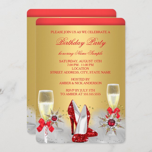 Invitation Parties scintillant Gold Red High Heures Silver Ch (Devant / Derrière)