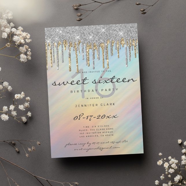 Invitation Parties scintillant Gold Silver Drips Holographic  (Gold Silver Glitter Drips Holographic Sweet 16)