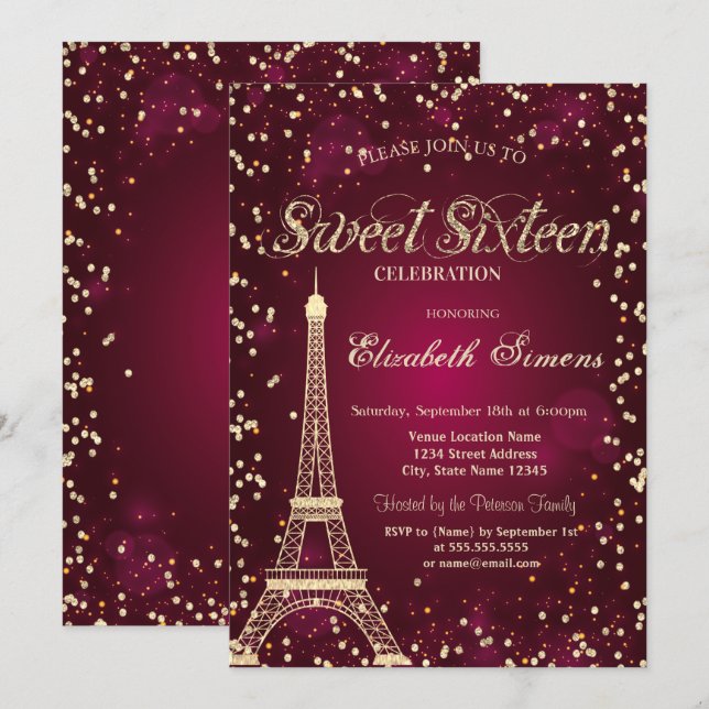 Invitation Parties scintillant Gold Tour Eiffel Diamants Roug (Devant / Derrière)