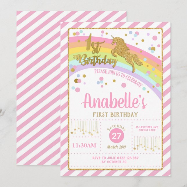 Invitation Parties scintillant Gold Unicorn 1er anniversaire  (Devant / Derrière)