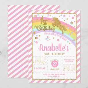 Invitation Parties scintillant Gold Unicorn 1er anniversaire 
