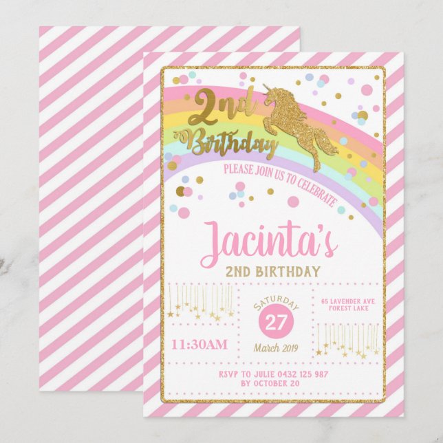 Invitation Parties scintillant Gold Unicorn 2e anniversaire I (Devant / Derrière)