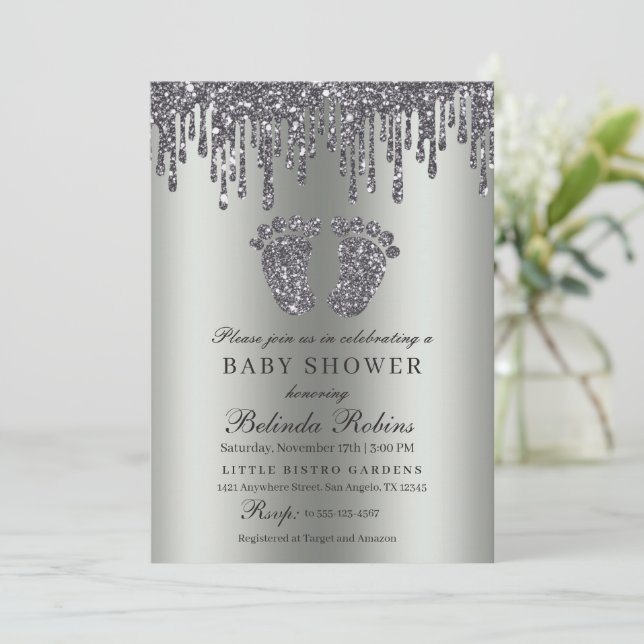 Invitation Parties scintillant goutte argent bébé pieds Baby  (Debout devant)