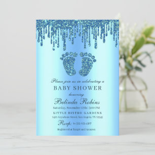 Invitation Parties scintillant goutte bleu bébé pieds Baby sh