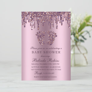 Invitation Parties scintillant goutte pourpre bébé pieds Baby