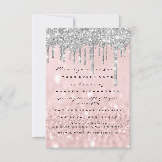 Invitation Parties scintillant gouttes Rose argent  douce 16e (Devant)