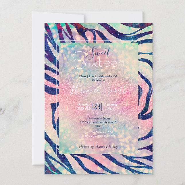 Invitation Parties scintillant Holographique glamour Bleu Zèb (Devant)
