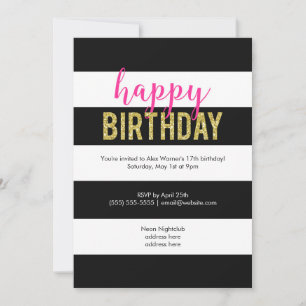 Invitation Parties scintillant Hot Pink Black Stripes fête d'