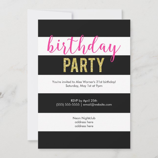 Invitation Parties scintillant Hot Pink Black Stripes fête d' (Devant)