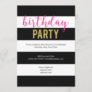 Invitation Parties scintillant Hot Pink Black Stripes fête d'