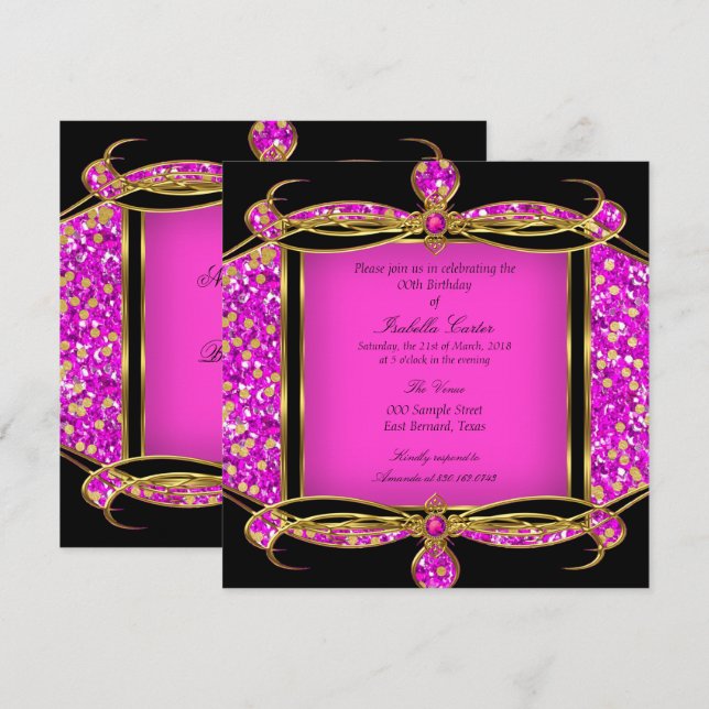 Invitation Parties scintillant Hot rose or noir fête d'annive (Devant / Derrière)