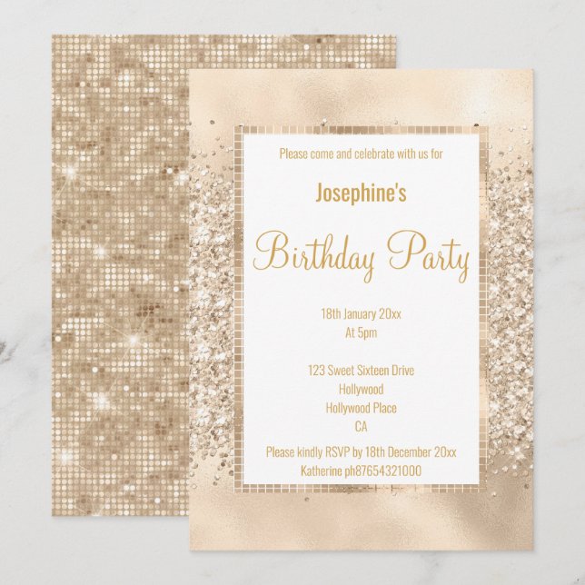 INVITATION PARTIES SCINTILLANT LUXUEUSE CHAMPAGNE & GOLD PERS (Devant / Derrière)