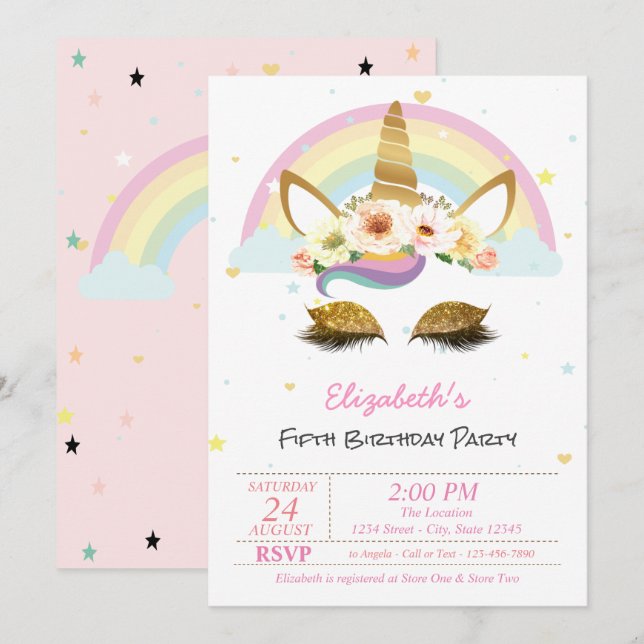 Invitation Parties scintillant magique Unicorn Floral Rainbow (Devant / Derrière)
