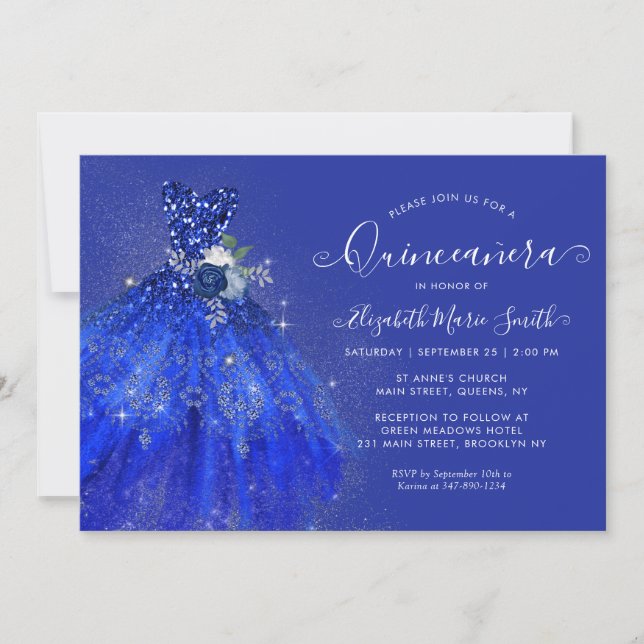 Invitation Parties scintillant Marine Bleu Floral Robe Argent (Devant)