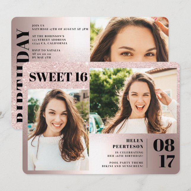 Invitation parties scintillant métallique rose 3 photos Sweet (Devant / Derrière)