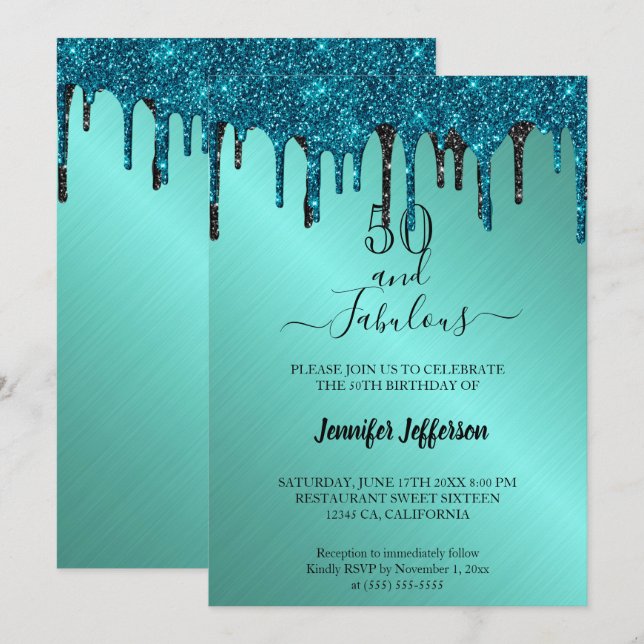 Invitation Parties scintillant métallique turquoise Invitatio (Devant / Derrière)