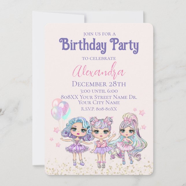 Invitation Parties scintillant mignonne Dolls Fête d'annivers (Devant)