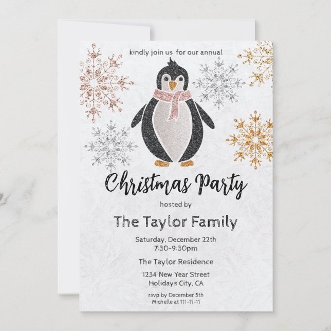 Invitation Parties scintillant mignonne Penguin Noël Dîner fê (Devant)