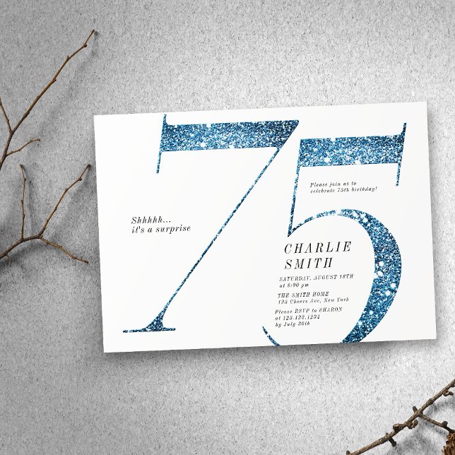 Invitation Parties scintillant minimaliste moderne faux bleu  (Modern minimalist faux blue glitter 75th birthday invitation)